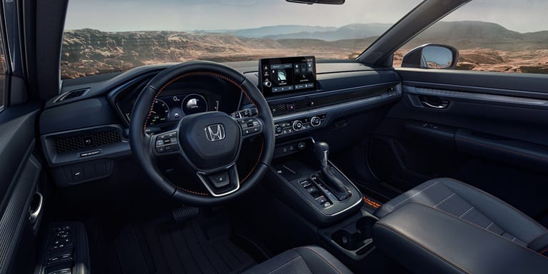 2027 Honda CR-V dashboard and steering wheel with orange stitching (Compact Crossover SUV).